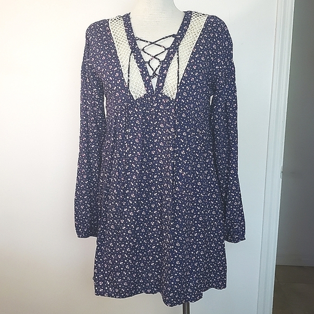 Kori America Navy Blue Lace Up Front Long Sleeve Floral Women' Dress Size L NWT